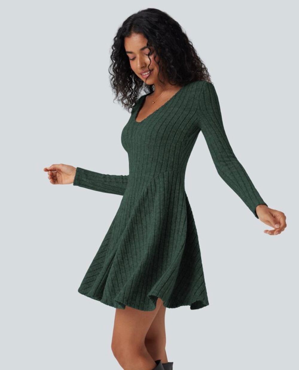 Halara Green Ribbed Fit & Flare Dress – Long Sleeve V-Neck – Size S